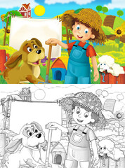 cartoon farm ranch scene with farmer boy different animals and pumpkins illustration for children sketch