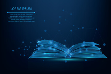 Abstract mesh line and point open book. Low poly education concept. Polygonal vector futuristic illustration