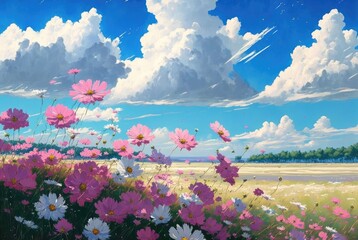 Obraz na płótnie Canvas idyllic spring season rural landscape, fields of blooming pastel colored cosmos flowers, tranquil bright blue sky with rain clouds. Stunning scenery, peaceful and calming - generative AI.