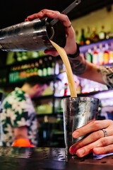 man bartender making cocktail in bar