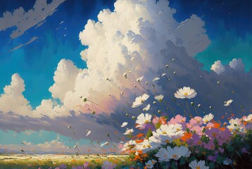 Fototapeta na wymiar idyllic spring season rural landscape, fields of blooming pastel colored cosmos flowers, tranquil bright blue sky with rain clouds. Stunning scenery, peaceful and calming - generative AI.