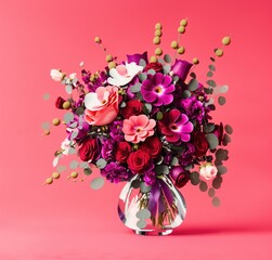 soft red background and glass filled with flowers. Bright red background. good for Romantic valentines composition background.