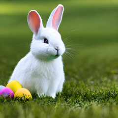 Fototapeta premium White Rabbit Sitting on Grass with Easter eggs