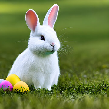 White Rabbit Sitting on Grass with Easter eggs