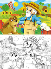 cartoon farm ranch scene with farmer boy different animals and pumpkins illustration for children sketch