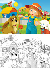 cartoon farm ranch scene with farmer woman girl different animals illustration for children sketch