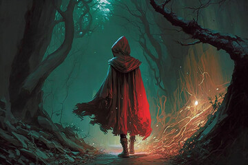 Illustration of Little Red Riding Hood walking in the woods at night - AI generative