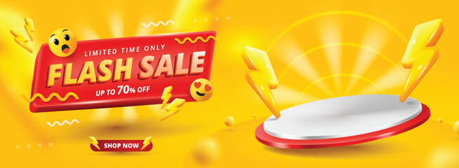 3D Flash sale promo banner template with podium and flying discount label design.