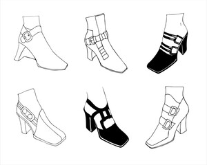 Beautiful collection for woman shoes design. Vector background. Line drawing. Modern trendy design.