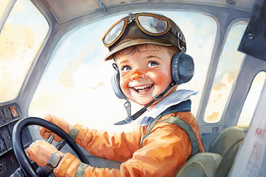 Watercolor illustration for a children's book of a airplane pilot cute little boy - AI generative
