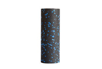 A black blue massage foam roller mini isolated on a white background. Close-up. Foam rolling is a self myofascial release technique. Concept of fitness equipment.