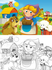 cartoon farm ranch scene with farmer woman girl different animals illustration for children sketch