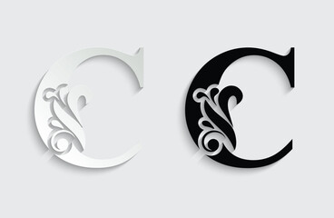 letter C. Black flower alphabet. Beautiful capital letters with shadow