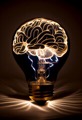 Gehirn leuchtet in einer Glühbirne. Light Painting. Generative Ai.