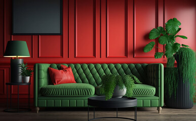 AI. Home interior with red sofa, table and green living room.