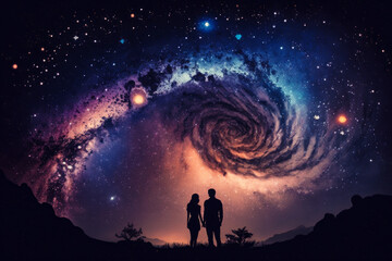 two people standing in front of spiral galaxy. Generative AI.