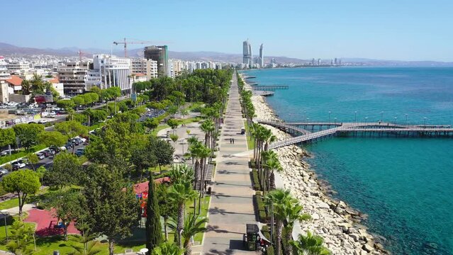 Sea front called Molos of Limassol city in Cyprus, 4k video