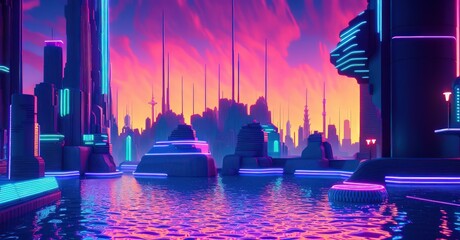 Retro futuristic style Digital landscape in a cyber world background generative ai