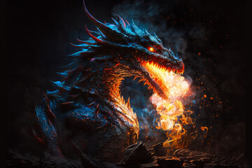 dragon with fire in its mouth on dark background. Generative AI.