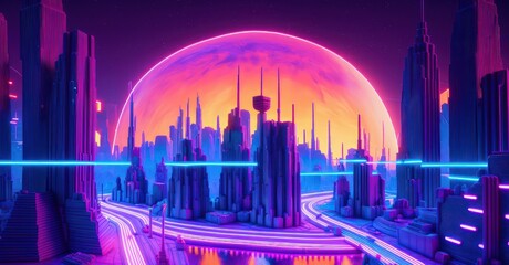 Retro futuristic style Digital landscape in a cyber world background generative ai
