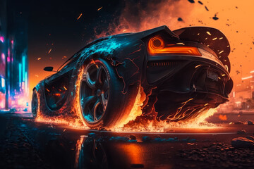 futuristic car with flames coming out of it. Generative AI.
