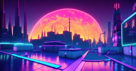 Retro futuristic style Digital landscape in a cyber world background generative ai