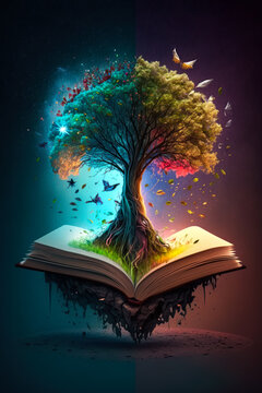 an open book with tree growing out of it. Generative AI.