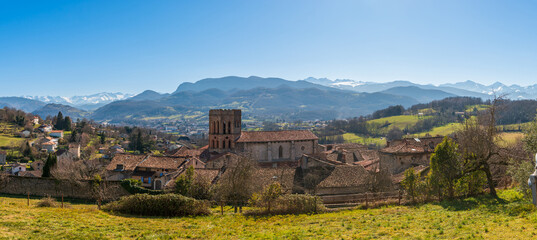 Panorama of the city of Saint Lizier and its cathedral, in Ariège, Occitanie, France