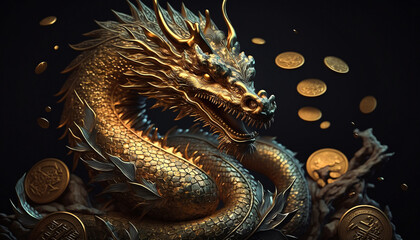 Golden Chinese dragon surrounded with golden coins. Wealth concept. Ai generative © Renrae