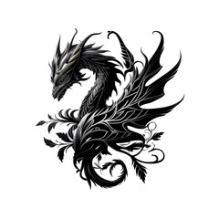 Fototapeta premium Dragon Tattoo Isolated, tribal wyvern silhouette, Black White Dragon, Abstract Generative AI Illustration