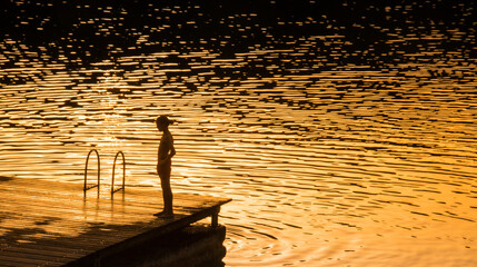 silhouette d'un garçon sur un ponton au bord d'un lac au coucher de soleil