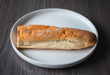 Moldy bread in a white ceramic plate on a wooden table, top view. Stale and wasted food. Spoiled food, the expiration date has expired. Green mold on rye bread. Spoiled food on a ceramic plate. 