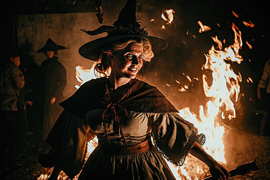 AI generated image of young women dancing near the fire, the pagan holiday of Walpurgis night, the summer equinox or Ivan Kupala