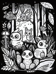 Magical creatures i the woods coloring plate for children, adults and teens. Beautiful drawings with patterns and small details. See more coloring pages in the collections. 