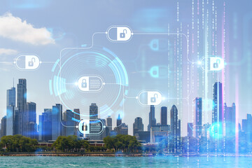 City view of Downtown skyscrapers of Chicago skyline panorama over Lake Michigan, harbor area, day time, Chicago, Illinois, USA. Decentralized economy. Blockchain, cryptography concept, hologram