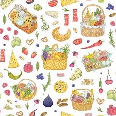 Seamless pattern with picnic baskets, food and drinks
