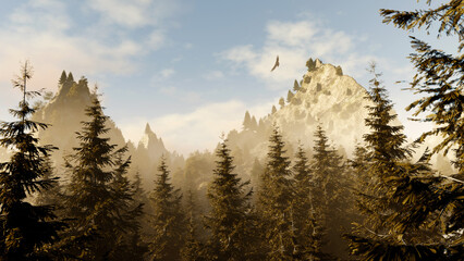 Forêt et montagne dans la brume