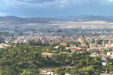 Fototapeta na wymiar Panoramic view of Athens city with Hephaestus Temple from Acropolis hill, Greece..