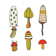 Set of stylizes mushrooms. Summer psychedelic elemenst in 70s and 80s style. Vibrant groovy and funky fungus. Rainbow tattoo stickers. Vintage nostalgia collection. Vector illustration.