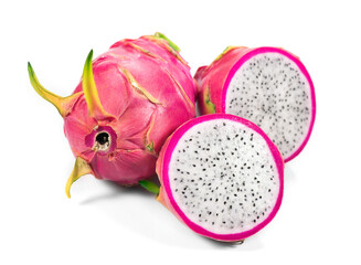 Dragon fruit, Pitahaya, Pitaya exotic asian vegan juicy fruits close up. Isolated on white background. 