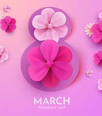 International Women's Day Banner. Flyer for March 8 with flowers decor. Number 8. Invitation in paper cut style with flowers.