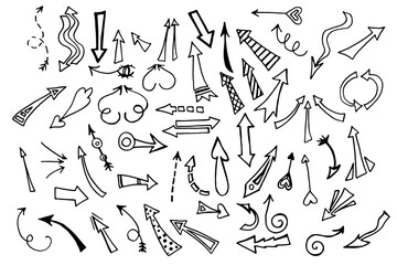 Set of drawn signs and symbols. Pointers. Big set of arrows. Elements for decor.