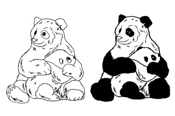 Drawn mother panda with a child. Bamboo bear. Mom and child. Pandas. Sketch. Animals in the wild. Asia. Japan. China. ink. Wild animals. Bear.