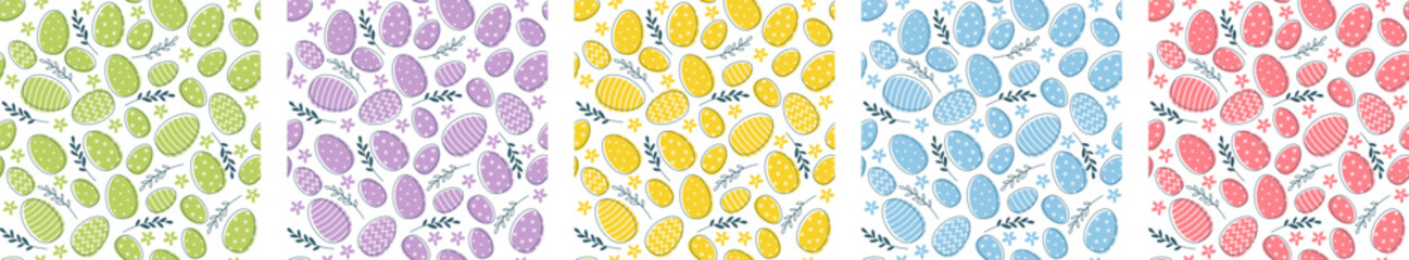 Easter seamless pattern set: eggs with white elements, plants, flowers in pastel colors; for banners, posters, cover design templates, social media, greeting cards, fabrics. Flat vector illustration
