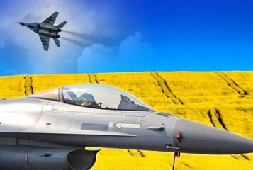 Ukraine flag and Air fighters F-16, russian Mig-29.
