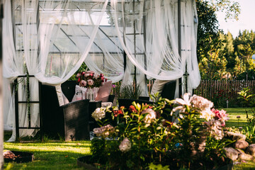 Backyard gazebo canopy tent lounge set relax zone in august, swedish garden