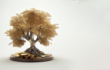 Golden Tree in white background, investment and saving money concept. Generative AI.