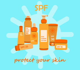 Sun spray. Cartoon SPF cosmetics collection. Sunlight rays block lotion. Sunblock beauty creams. Summer skin care moisturizers. Orange bottles. Ultraviolet protection. Vector illustration