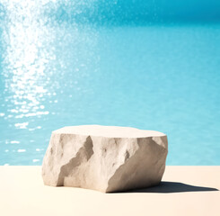 Minimal Mockup Background for Product Presentation Stone Podium with White Sand on Sea Water Background Illustration of Each Element Included