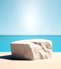 Minimal Mockup Background for Product Presentation Stone Podium with White Sand on Sea Water Background Illustration of Each Element Included Illustration